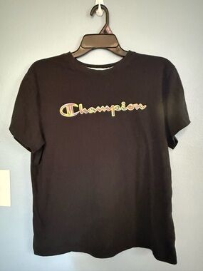 Champion T Shirt Womens Black Rainbow Logo Graphic Tee Casual Athletic Top Large